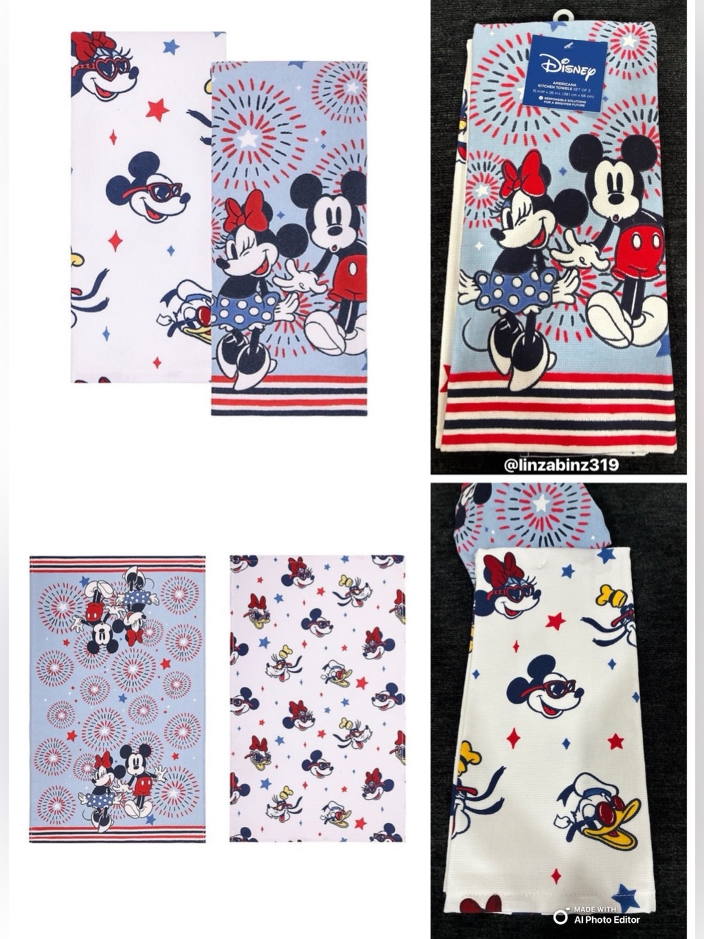 NWT- Disney-  Mickey & Minnie & Friends Patriotic Cotton Kitchen Towels 26x15